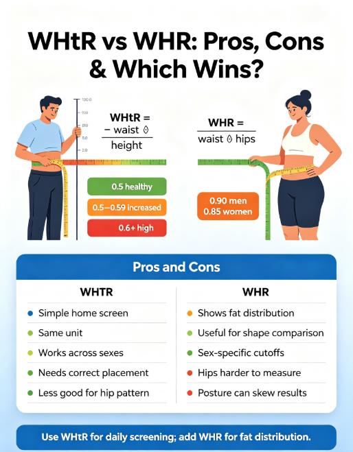 Infographic comparing waist-to-height ratio (WHtR) vs waist-to-hip ratio (WHR): pros, cons, and which to use.