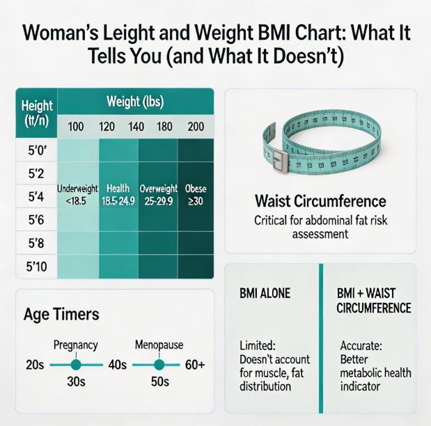 Women's height and weight BMI chart infographic: what the number tells you, limitations, and waist circumference guidance for women's health