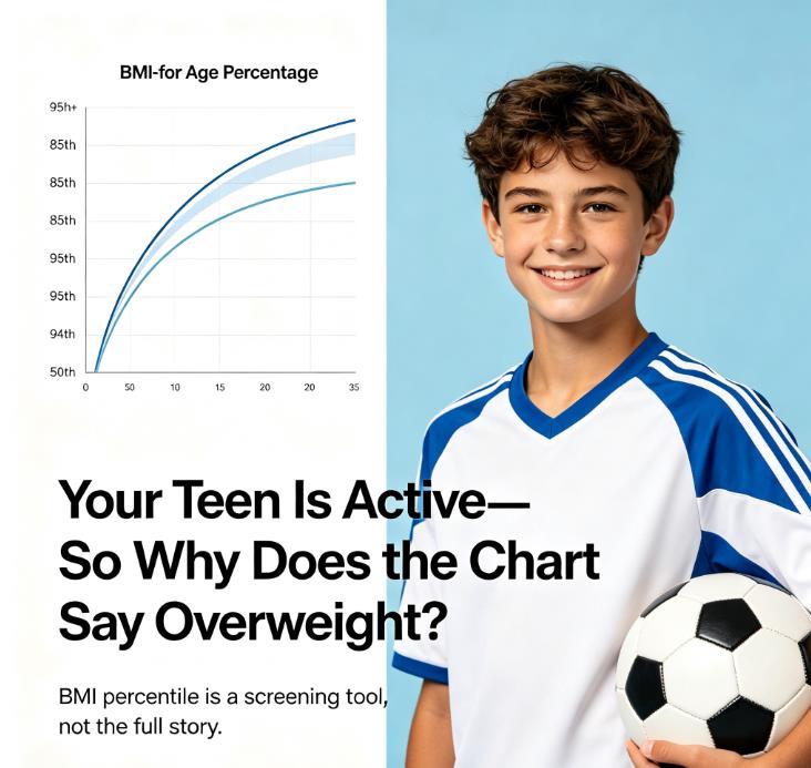 Infographic: Your teen is active so why does the BMI chart say overweight, CDC percentile chart next to athletic teen in sports jersey Infographic: Your teen is active so why does the BMI chart say overweight, CDC percentile chart next to athletic teen in sports jersey